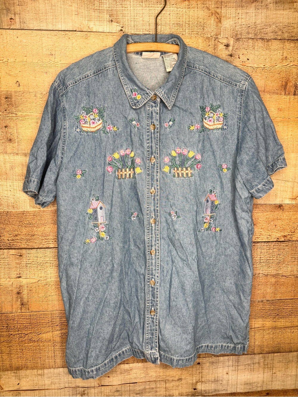 Vintage 90s Bobbie Brooks Embroidered Denim Shirt Women’s Floral cottage